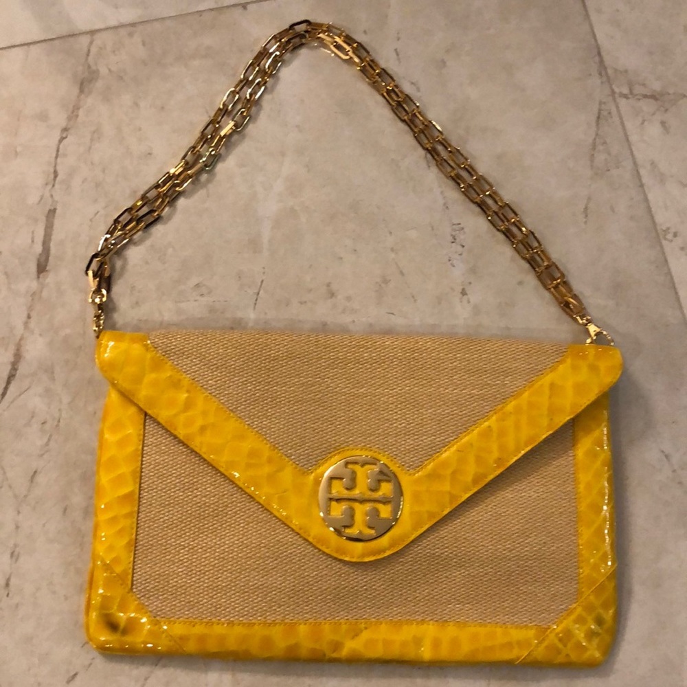 Tory Burch Raffia and Patent Large Chain Clutch